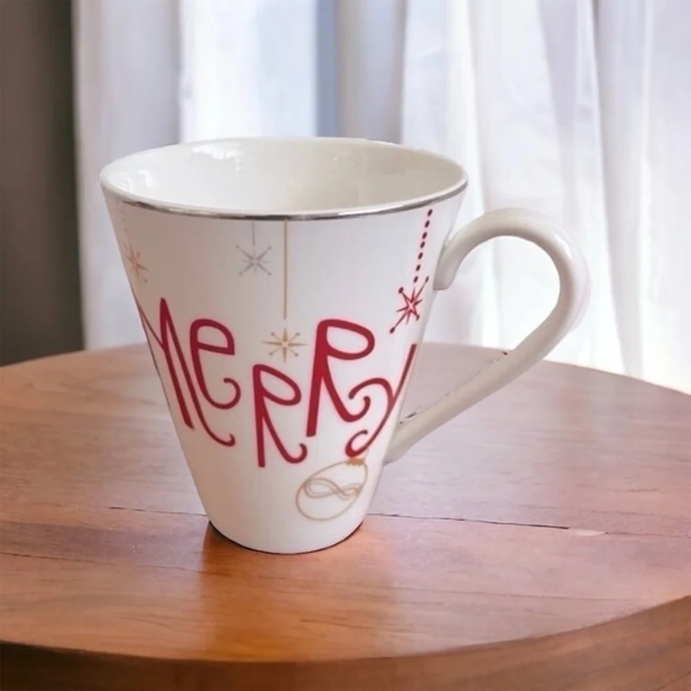 Lenox Porcelain Christmas Mug Eat Drink Be Merry 10oz Red White Gold Holiday EXC